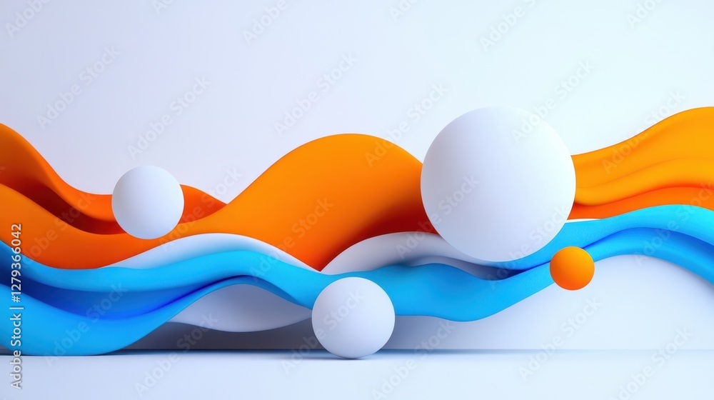 Poster a colorful wave with white and orange spheres. the spheres are arranged in a way that creates a sens