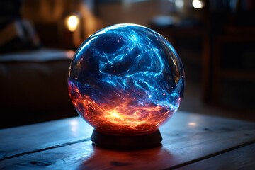 Plasma ball glowing with blue and orange light on wooden table