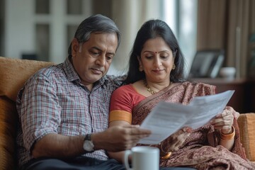 Hindu spouses sitting on sofa, examining document together, with cellphone and coffee mug, indicating relaxed yet focused atmosphere