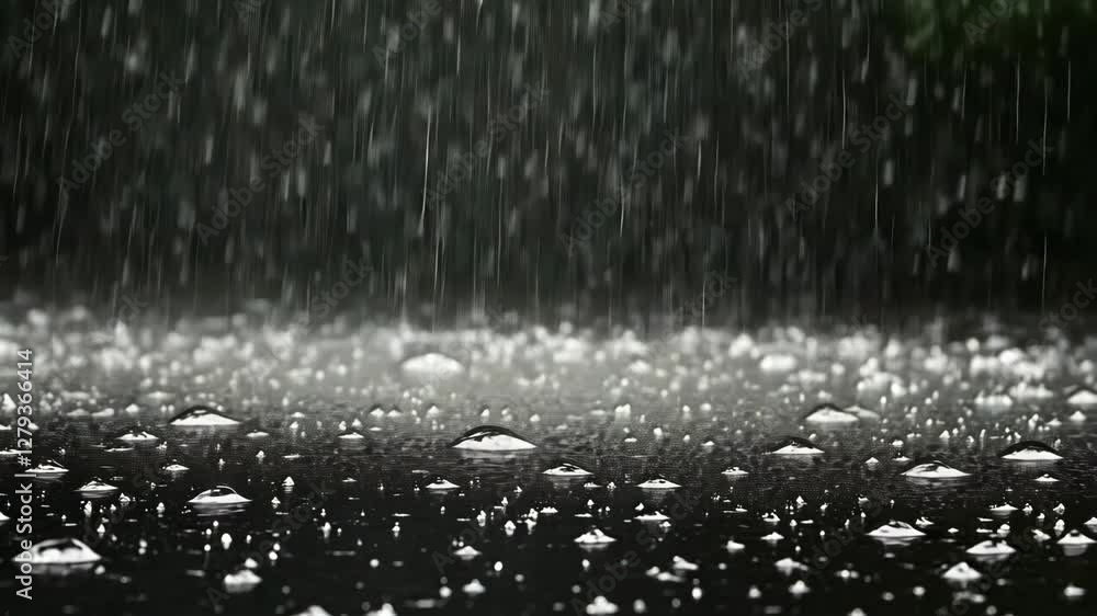 Poster raindrops fall steadily on a dark surface, creating ripples and reflecting light in a mesmerizing di