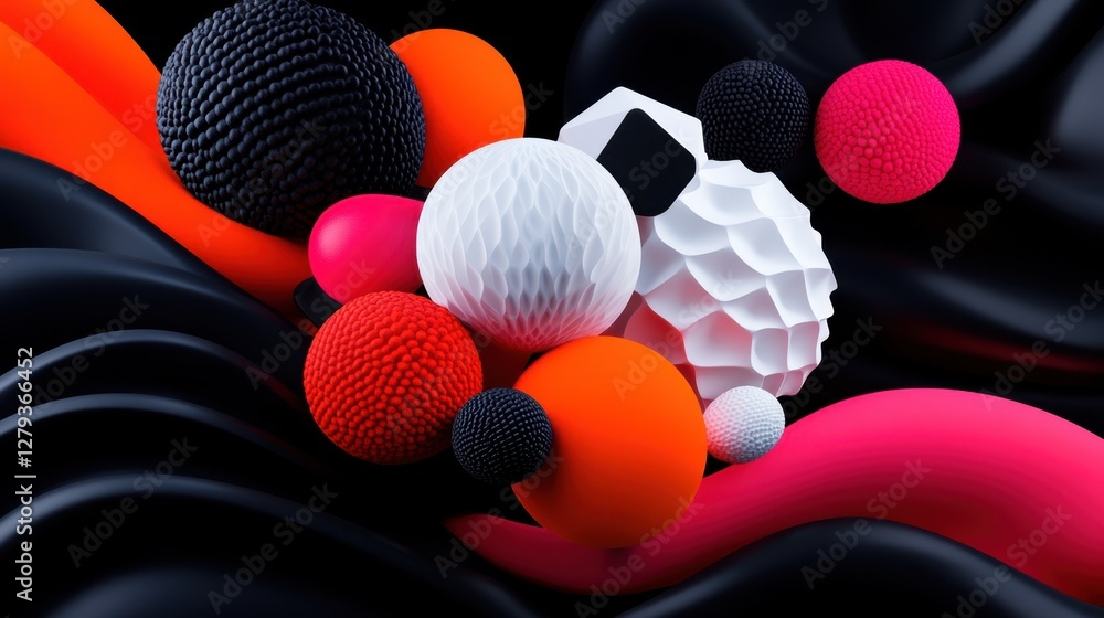 Poster abstract coral and onyx background with dodecahedrons in different sizes