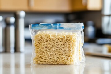 Packet of instant noodles placed on a kitchen countertop in a home setting during daytime. Generative AI