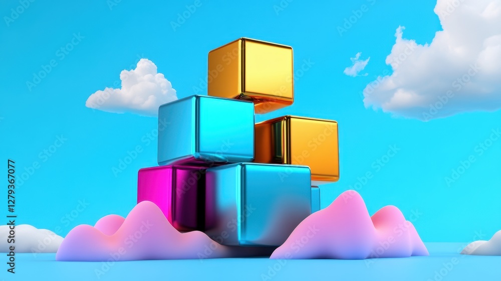 Poster a stack of colorful cubes on a blue background with a fluffy cloud in the background. the cubes are 