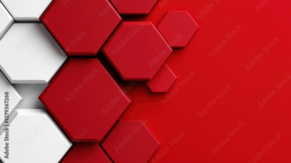 Poster abstract crimson and ivory background with hexagons in different sizes