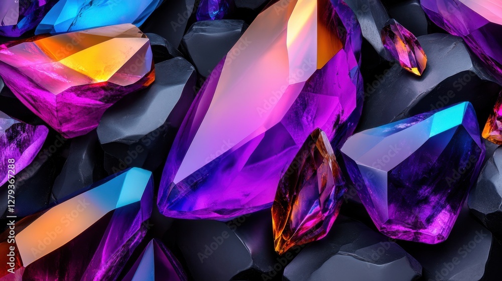 Poster a collection of colorful gems and crystals are displayed on a black background. the vibrant colors a