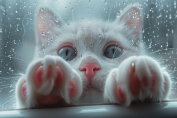 Through frosted glass, I saw a cute cat face with a hazy texture, with two pink claws protruding from below