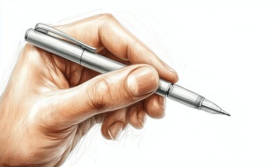 Hand Holding Ballpoint Pen Drawing Line, Detailed Line Art Illustration, Artistic Design Concept, Precision and Creativity
