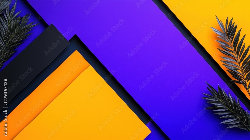 Poster a blue and yellow background with a leaf on it. the background is made up of different colored squar