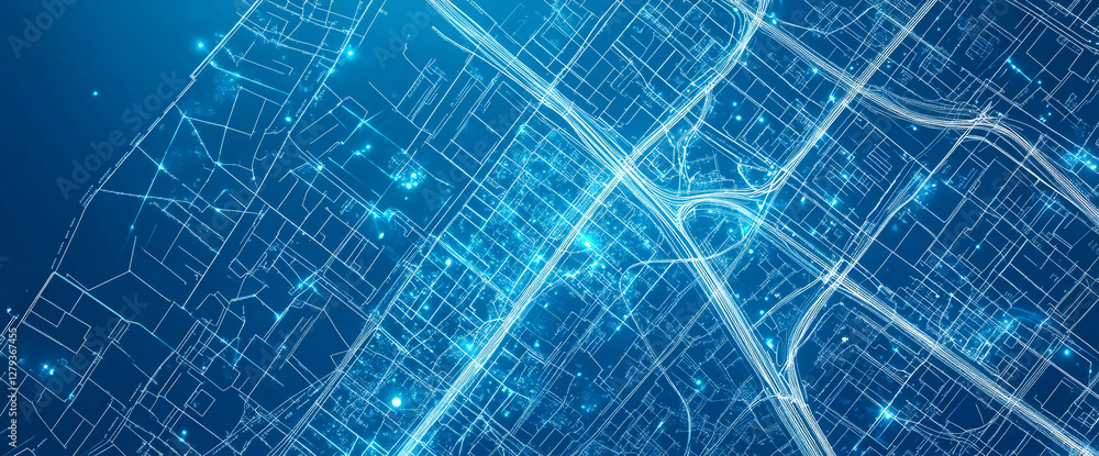 Poster a top view of a futuristic city map with glowing lines and lights, representing urban planning, digi