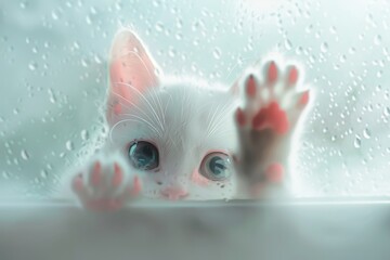 Through frosted glass, I saw a cute cat face with a hazy texture, with two pink claws protruding from below