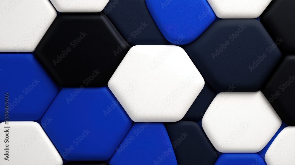 Poster a blue and white patterned background with black and white squares. the squares are of different siz