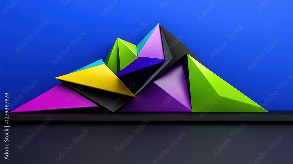 Poster abstract chartreuse and indigo background with tetrahedrons in different sizes