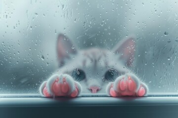 Through frosted glass, I saw a cute cat face with a hazy texture, with two pink claws protruding from below