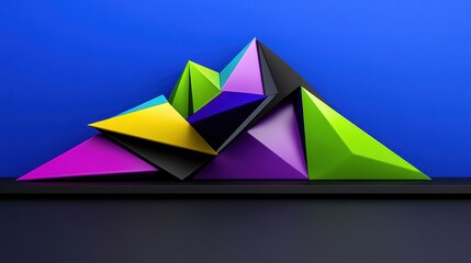 Abstract chartreuse and indigo background with tetrahedrons in different sizes