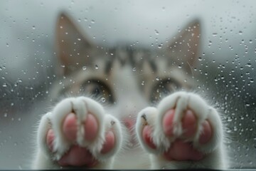 Through frosted glass, I saw a cute cat face with a hazy texture, with two pink claws protruding from below
