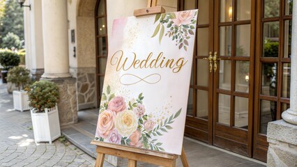 Elegant wedding signage on display board in front of venue with floral design for event decoration