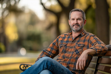 Fototapeta premium A middle-aged man with a beard sits on a park bench, looking at the camera.