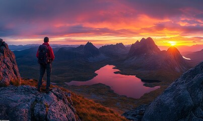 Fototapeta premium Hiker Admiring Stunning Mountain Sunset with Panoramic View of Lakes and Peaks, Capturing Adventure and Serenity in Nature's Landscape