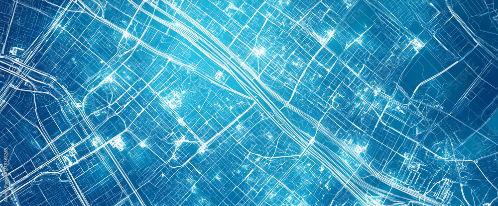 Poster Top view of a digital city map with glowing lines and intersections, representing urban infrastructure, smart city planning, and futuristic technology in urban development.