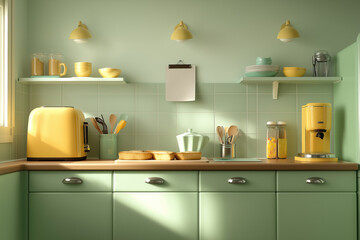 Bright and cheerful kitchen with yellow appliances and fresh bread on the counter