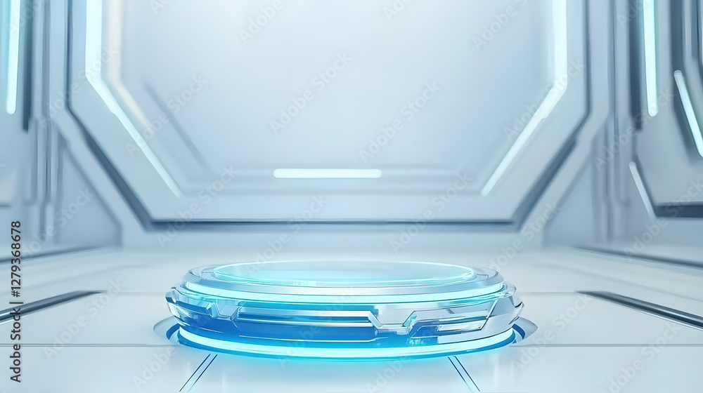 Poster futuristic holographic platform high-tech studio 3d visualization sleek environment elevated perspec