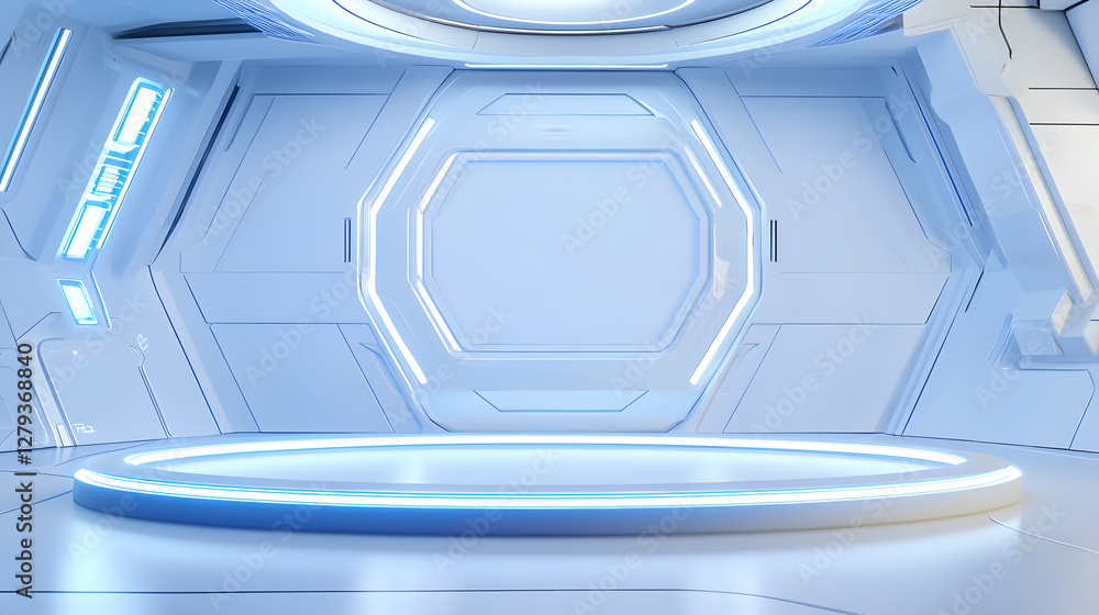 Poster futuristic virtual studio showcase modern design 3d render sleek environment wide-angle view innovat