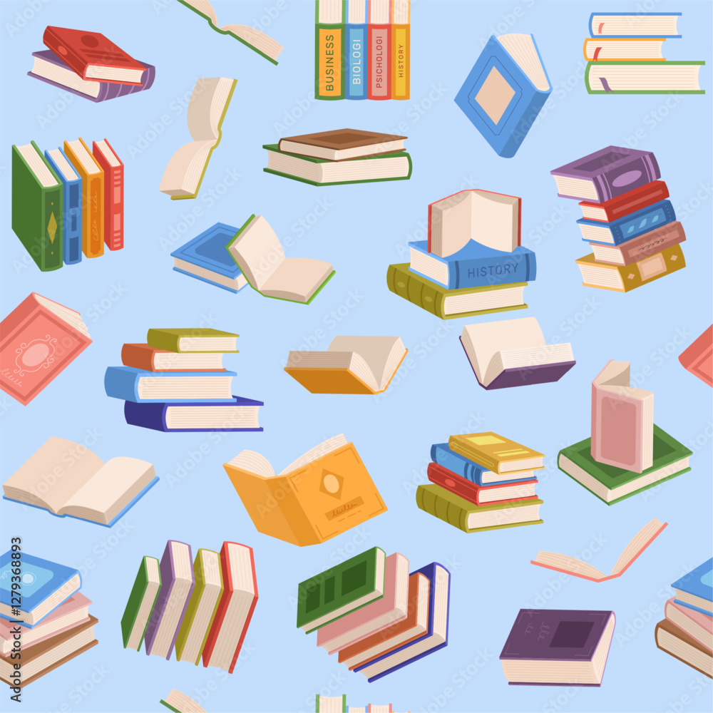 Poster books pattern. vector seamless background with stack opened and closed books. literature concept