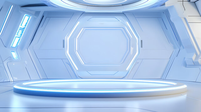Futuristic virtual studio showcase modern design 3d render sleek environment wide-angle view innovative concepts