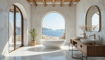 A Bathtub in a fancy white bathroom with an ocean view for the Mediterranean Sea