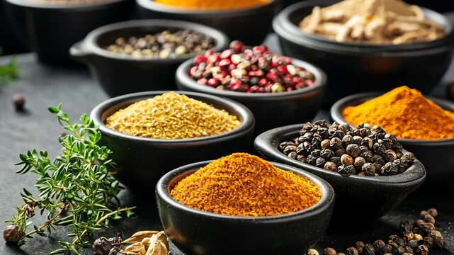 Colorful assortment of spices arranged in bowls on a dark surface with herbs displayed nearby