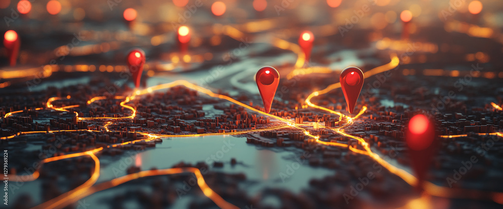 Aufkleber 3D rendering of a city map with red location pins and glowing connections, representing navigation, urban planning, travel routes, and GPS technology in a futuristic digital design.