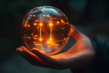 Hand holding glowing crystal ball with futuristic orange lines and numbers