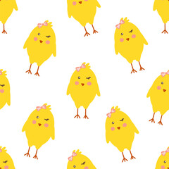 Seamless Easter pattern with cute yellow chicks and pink bows. vector illustration