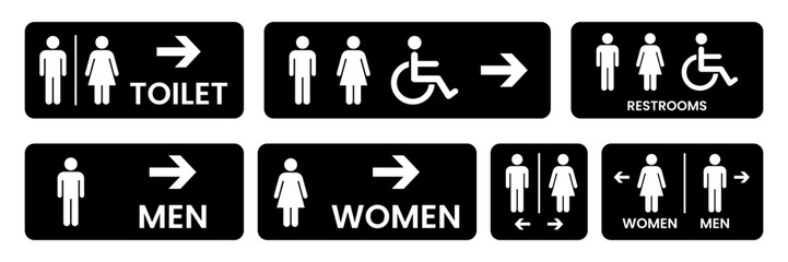Toilet icons set. Men and women restroom icon sign right arrow. Disabled wheelchair icon. Vector Illustration	