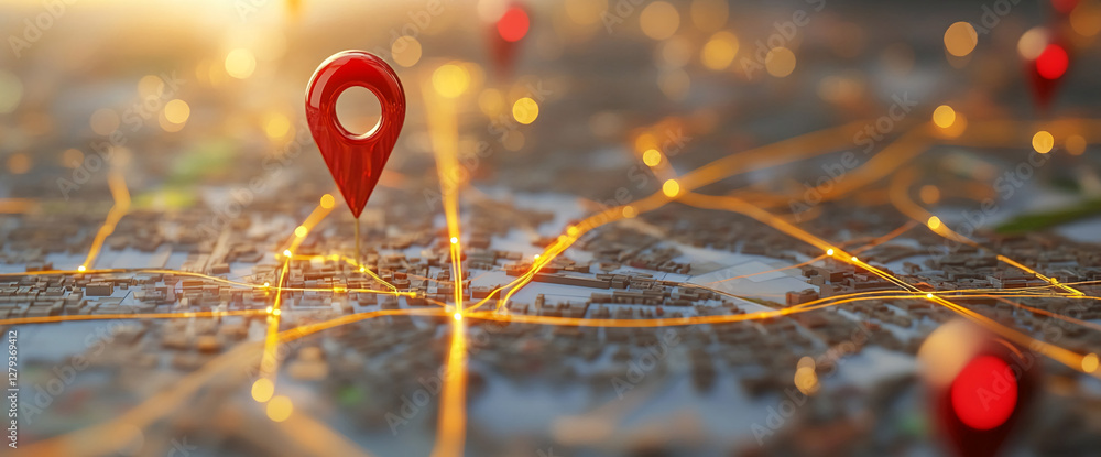 Poster 3d illustration of a map with red location pins, glowing routes, and illuminated streets, representi