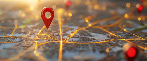 3D illustration of a map with red location pins, glowing routes, and illuminated streets, representing navigation, city mapping, and GPS technology in a connected urban network.