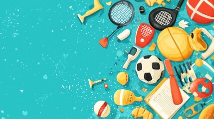 Colorful sports equipment collage background