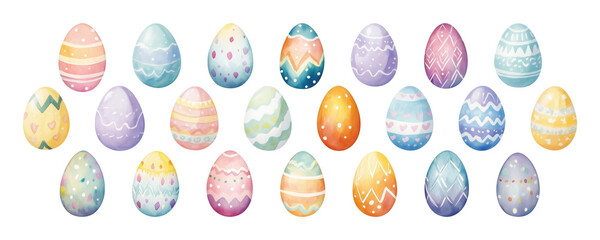 Set of Easter eggs with cute and minimal patterns in watercolor style, pastel colorful color tone, isolated on a transparent background.