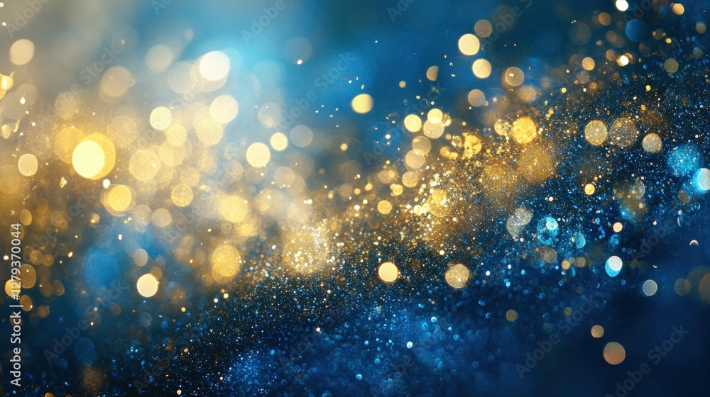 Poster abstract background of shimmering golden and blue bokeh lights creating a festive atmosphere