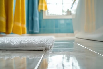 Brightly cleaned bathroom floor with fluffy towel and fresh decor revealing a tidy ambiance. Generative AI