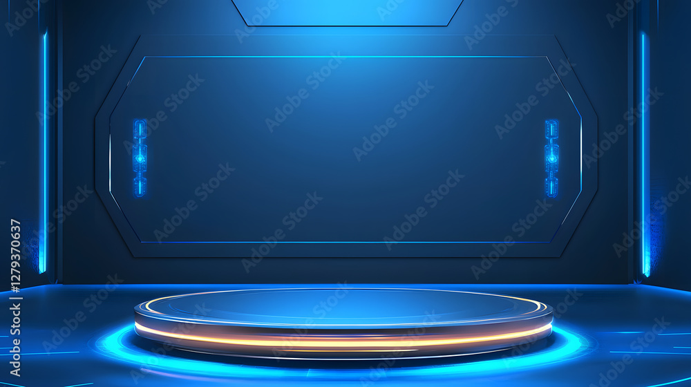 Poster dynamic stage setup in a futuristic environment for creative presentations