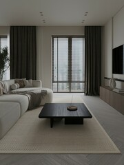 Bright modern kitchen room interior with cupboard and dinner table