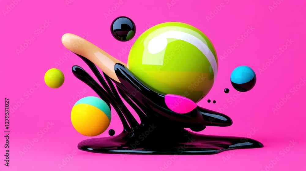 Poster abstract neon green and fuchsia background with spheres in different sizes