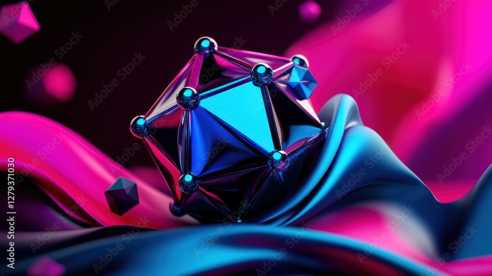 Poster abstract maroon and cyan background with dodecahedrons in different sizes