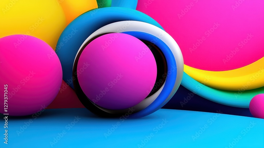 Poster abstract neon green and fuchsia background with spheres in different sizes