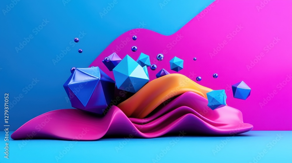 Poster abstract maroon and cyan background with dodecahedrons in different sizes