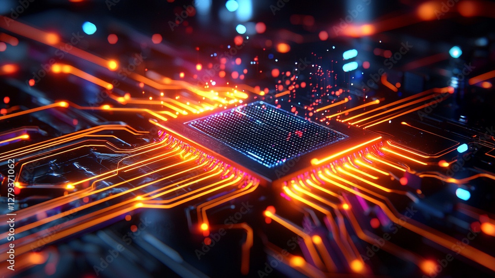 Poster close-up view of high-tech computer chip surrounded by glowing circuits in vibrant orange and blue l