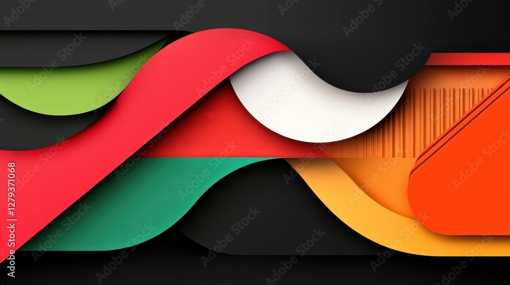 Poster a colorful abstract design with a red stripe. the design is made up of different colored shapes and 
