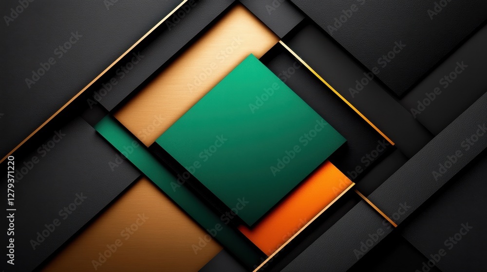 Poster a black and gold design with a green square in the middle. the design is made up of different shapes