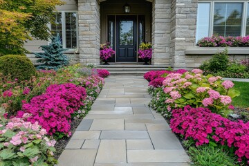Freshly washed stone walkway adorned with vibrant flowers leading to a welcoming entrance. Generative AI